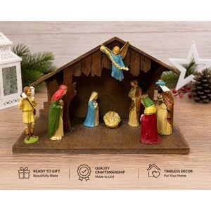 VTG Hong Kong Nativity Set Wooden Stable 11 Piece Christmas Mid Century Holiday